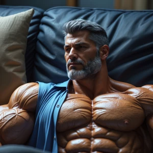 The image shows a muscular bodybuilder man lying on a couch, app...