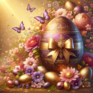 A luxurious and ornate Easter-themed image featuring a large cen...