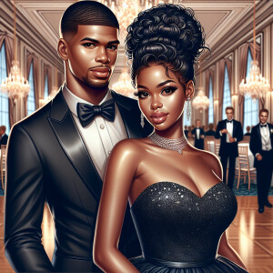 A light skin African American couple at a fancy ballroom event....