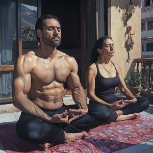 Photorealism,realism,A man muscular beefy sweaty doinga yoga sit...