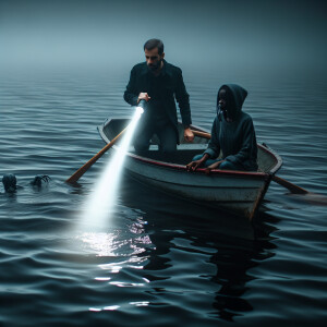 A guy and a girl are sailing on a boat in the middle of the lake...