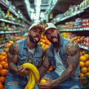 The image features two muscular men dressed in sleeveless denim...