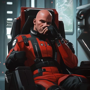 A bald male character with a serious expression, wearing a red a...