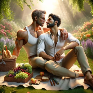 The image is a romantic, hyper realistic of two men engaged in a...
