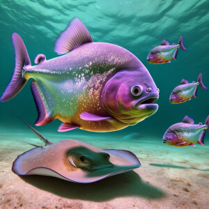 Purple lime piranha no teeth playing with a stingray