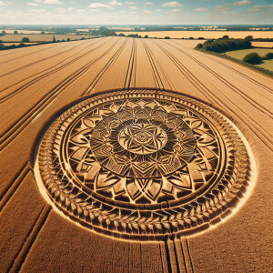 hyperrealistic image of a crop circle with intricate geometric p...