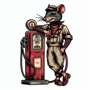 Rat fink as a 1950s gas attendant leaning on a gas pump in an ol...