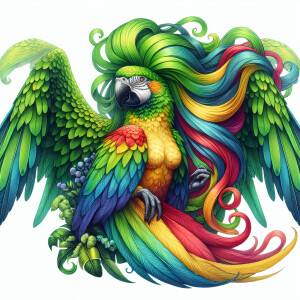 Create an image of a divine Parrot Goddess, with strands of hair...