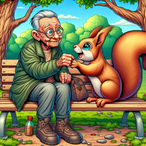 A highly detailed, cartoonist character of an old man sitting on...