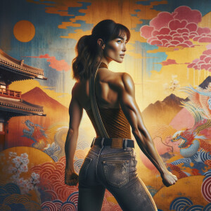 Athletic Thin skinny Attractive, Asian teenage girl, long brown hair and bangs, wearing tight skinny jeans and a halter top paint marks on her clothing, heroic pose Asian graffiti background, backside view