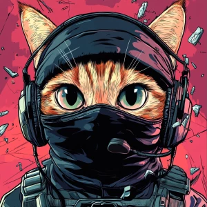 A wide-eyed ginger cat wearing a black tactical balaclava (or ma...