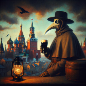 Plague doctor with a pint of Guinness, in Moscow