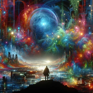 In the depths of a dystopian neon jungle, a figure emerges, thei...