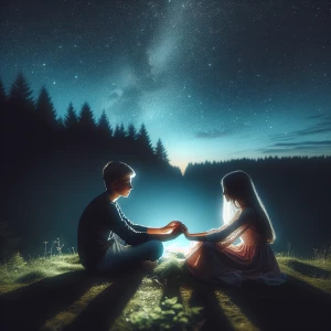A girl and boy sitting below the stars in the sky night holding...