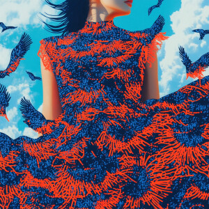 Realistic vector art of a woman whose dress is transforming into...