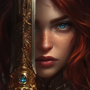 Create a realistic image of a warrior with dark red hair reaching just below the shoulders, piercing blue eyes, and a round face. The warrior should be holding a sword adorned with jewels, capturing only the bust for a detailed close-up.