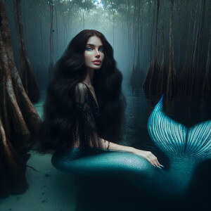 A mermaid with pale skin and cold eyes. Long dark hair. A big ta...