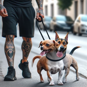 Photorealistic image of a cute 3 headed dog being walked by a ba...