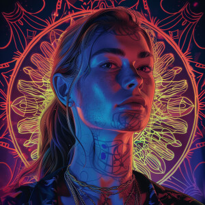 A portrait of a woman against a detailed mandala pattern glowing...