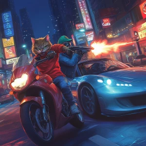 Create an image of a humanoid cat character on a motorcycle in a...