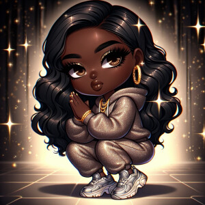 Create a chibi-style image of an African American girl with deep...