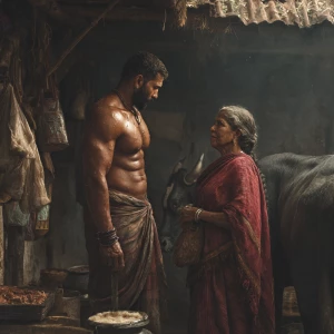 Hyperrealism digital painting ,a indian villager muscular beefy...