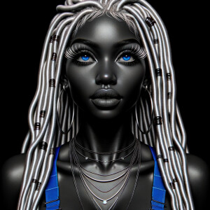 a portrait of a African American woman painted in Grisaille with glaze, she has long blonde dreadlocks plus edges, fluffy lashes, royal blue tank top, a touch of colored hues, blue eyes, full lips, multiple necklaces,intricate details, black background