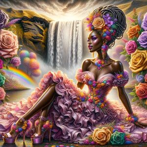 Remix Prompt
S/O Jackie Torres
S/O Panda Locke

create a animated style hyper realistic airbrush whimsical oil painting of a light African American woman wearing a flawless beautiful purple, pink, and gold blossom dress long flowing with colorful flowers and ruffles on the dress colorful jewelry made of flowers she has long black dreadlocks in a bun a colorful rose in her hair her peep toe shoes is matching her dress behind her is a beautiful waterfall liquid glowing lights beautiful colorful rainbow surrounded by beautiful roses.