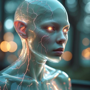 translucent humanoid figure, glass skin, ethereal body, light re...