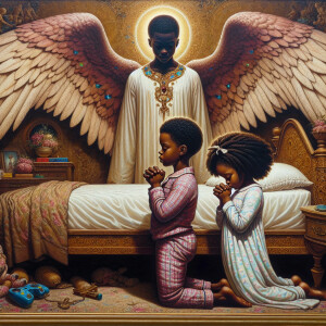 An oil painting of two African-American children with dark skin,...