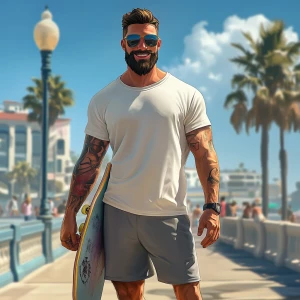 White muscular thin man with beard, big chin, smile and cheekbon...