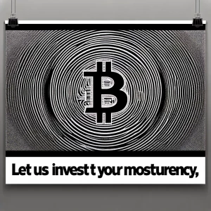 Create a black and white advertisement featuring the bold text "Let Us Invest Your Money in Cryptocurrency" superimposed on a stark, heavy black line drawing of a Bitcoin symbol in the background.