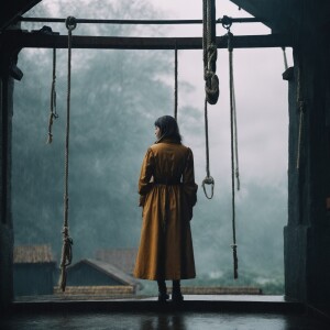 A 
wench standing on a platform about to be hanged by a hangman’...