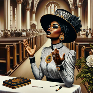 Render an airbrush oil painting of an African American woman with flawless makeup
kneeling at a church altar, her hands raised in a gesture of surrender to God. She's
dressed in stylish Sunday Best attire, with a particular focus on the delicate details of
her Church Hat. The background features a beautifully painted church interior, with the
oil paint texture enhancing the sacred atmosphere. The artwork should capture the
woman's devout expression, the elegance of her attire, and the spiritual ambiance of
the church setting, reflecting a moment of deep faith and devotion.