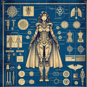 Create a detailed futuristic blueprint schematic of a Super Woma...