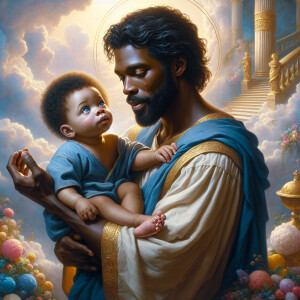 Classical oil painting style depicting an African-American Jesus...
