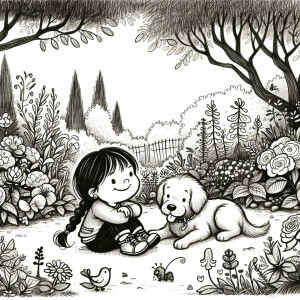 A little child sitting in the garden with her dog