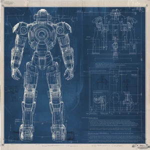 A detailed specification sheet on blueprint paper for robot with callouts and dimensions, highly technical