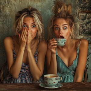 Create a realistic picture of 2 women whispering, one with her h...