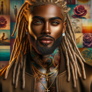 A portrait of a handsome African American man bronze skin tone with a clean a clean cut beard, long blonde dreadlocks hazel brown siren eyes gold jewelry, gold watch. He’s wearing a brown bomber jacket tattoos multiple necklaces, stud earrings, colorful background