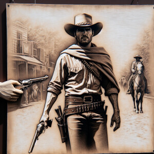 An old west cowboy standing in the middle of the road, six shoot...