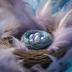 A close-up, dreamy, and peaceful image of a magical nest, emphas...