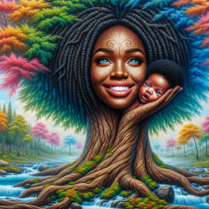 Create a close-up, hyper-realistic 3-D oil painting of a tree wi...