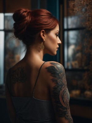 create a woman with tattoos on arms and tattoos on the back, sta...