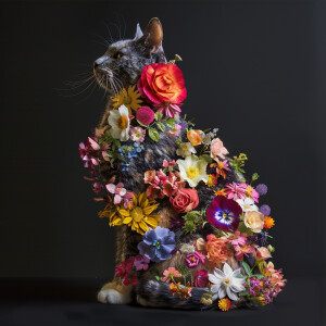 Imagine a cat with a body covered in a vibrant array of blooming...