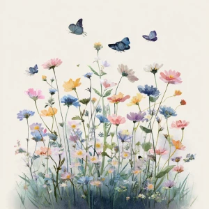 Wildflower field, butterflies flying, in vintage watercolor styl...