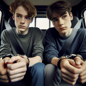 Two Caucasian males, aged 13 to 15, are handcuffed with their ha...