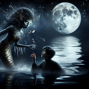 A scary Mermaid pulls a black-haired girl by the hand into the l...