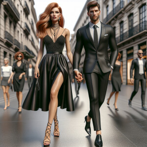 Create a photorealistic image of a stylish couple walking down a...