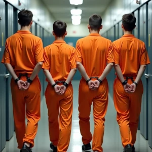 Four Caucasian male teenagers dressed in orange jumpsuits are wa...
